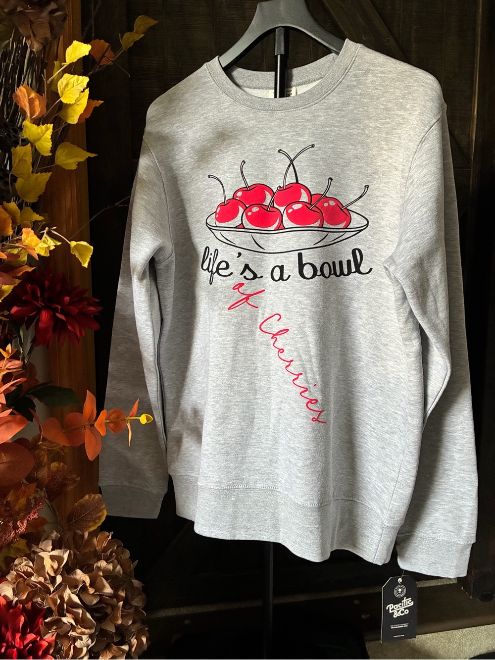 Pacifica Gray women’s Sweatshirt with Red Cherry Graphic